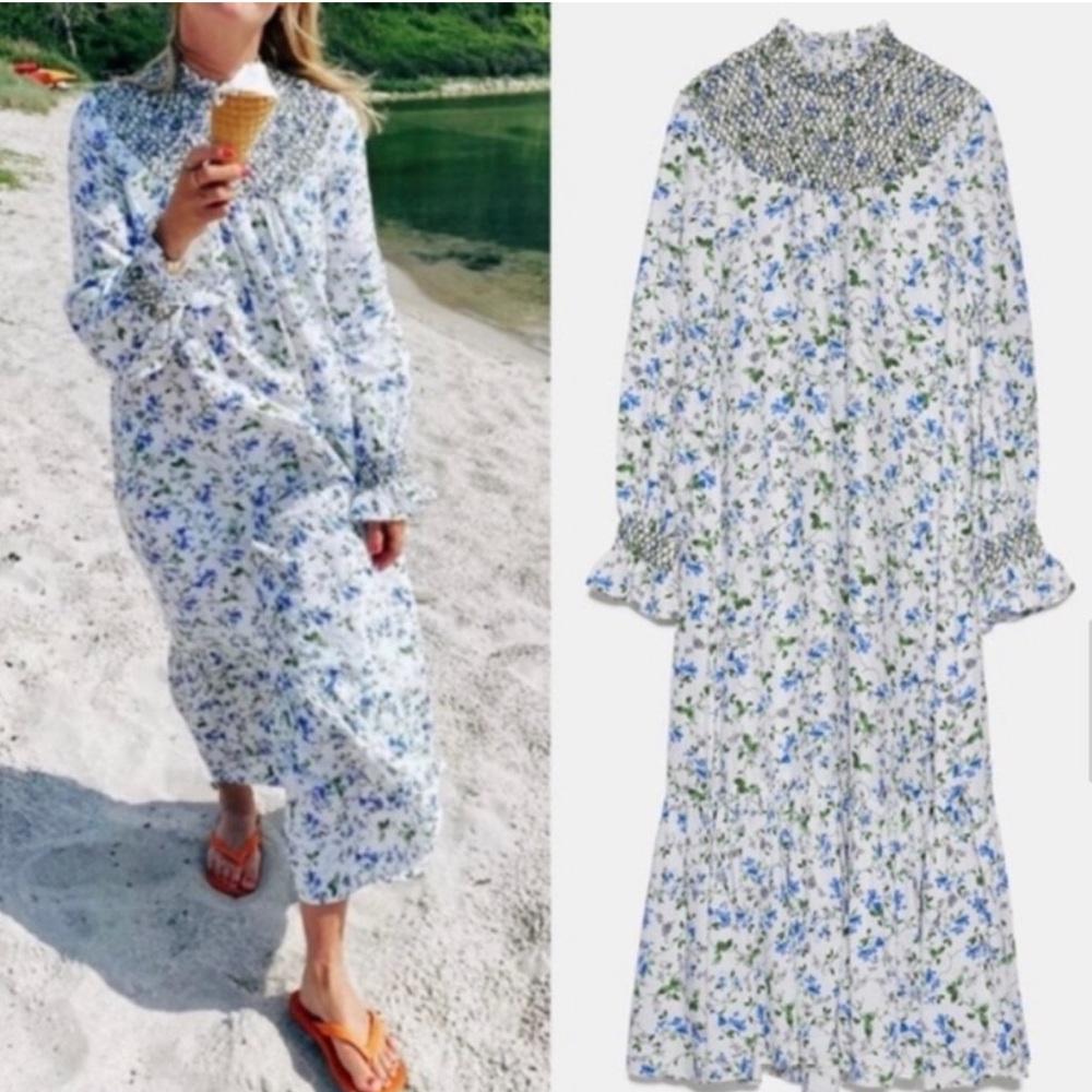 Zara Floral Blue and White Maxi Cottagecore Prairie Smocked Dress